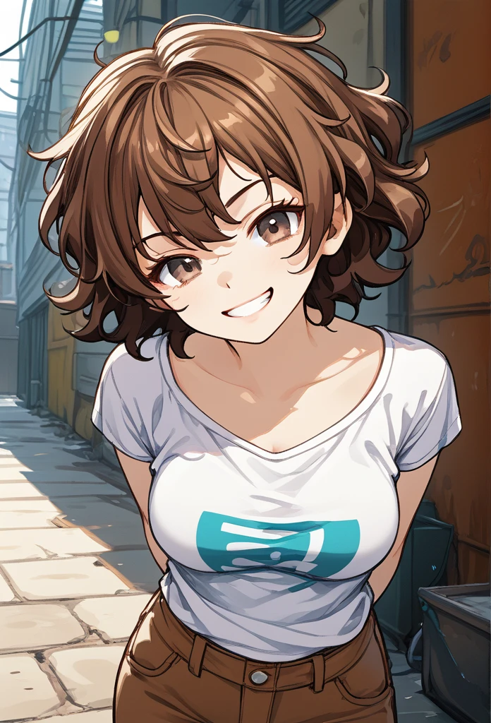 Tomboy girl, short hair, wavy hair, brown hair, cool face, glossy lips, hazel eyes, playful grin, stylish clothes, brown pants, arms behind back, medium breasts, looking at viewer, alley background