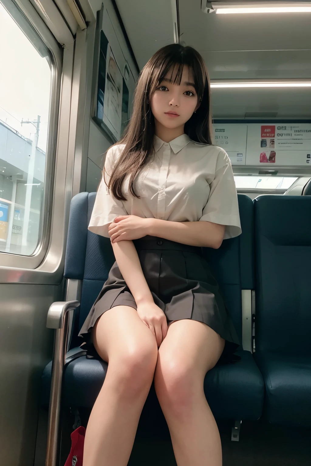 (Masterpiece, High Definition, Ultra High Definition, 4K) Black hair, 3females, highschool uniform skirt, glossy detailed thighs, emphasizing thighs, (cross legs), from ((below)), white thighs, soft thighs, sitting on the train seat,front,Zoom camera in the crotch,Feet on the train floor,Full body,Looking down and sleepy, best quality, ultra high definition, (photorealistic:1.4),, high resolution, detail, raw photo,