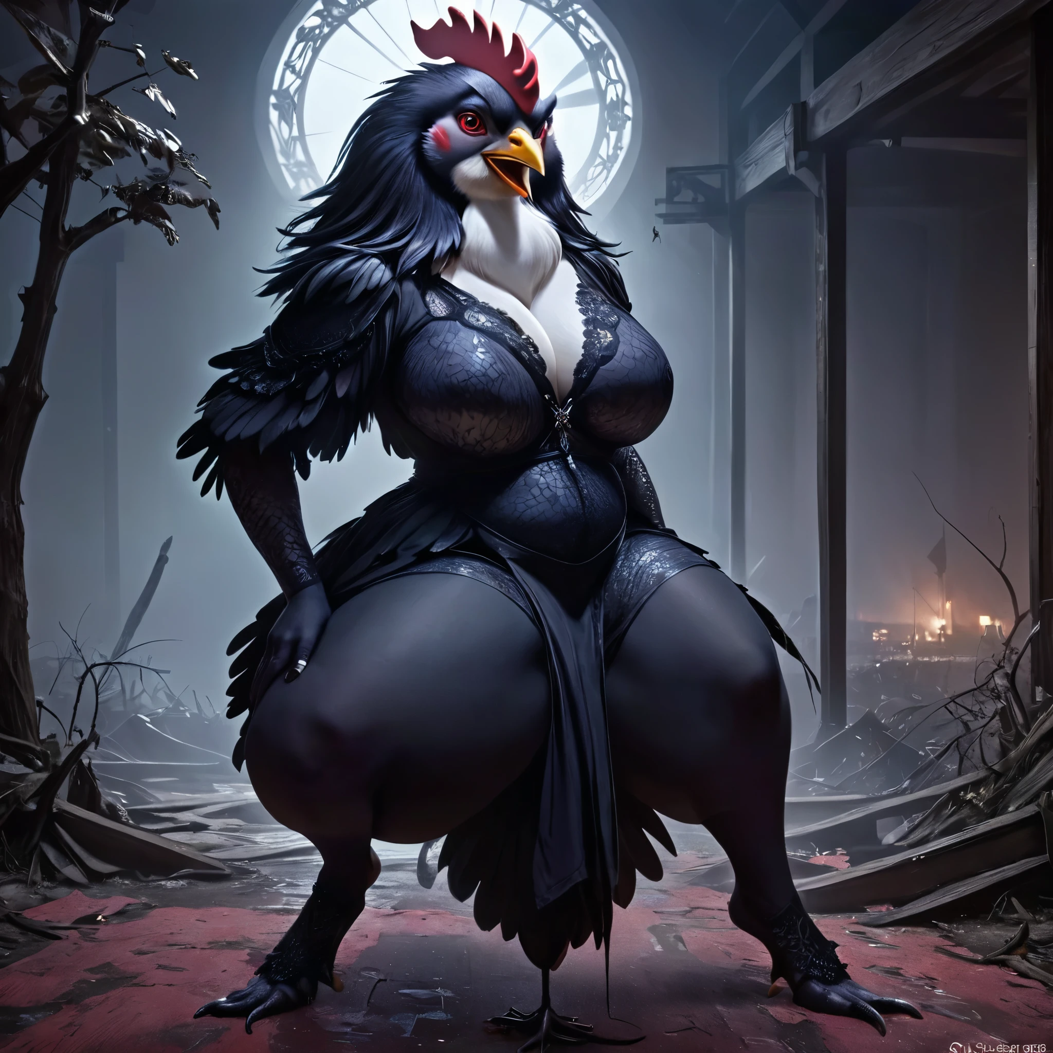(certain quality、High resolution)、full body portrait、(Human-faced chicken:1.9)、(A hybrid creature with the face of a young, incredibly beautiful woman and the body of a chicken)、Spooky atmosphere、Horror Theme、Animal instincts、Detailed hair and kimono、Dim lighting、Sharp Eye、Sharp toenails、Strange Features、Unnatural poses、Dark and spooky background、Uncanny Valley 、Surrealism、Nightmare image、Mythical creatures、Disturbing expressions、Shadowy atmosphere、Evil atmosphere、nightmare-like appearance、Feathers and scales、Otherworldly Beings、Hybrid Anatomy、Mysterious Aura、Creepy Presence、Exaggerated features、Distorted body、Distorted proportions、Demonic nature、 Dystopian setting、Puzzling symbols and signysterious story、