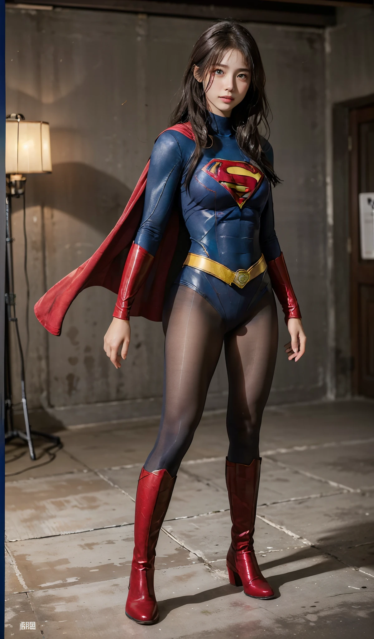 No background、(((Beautiful legs in black tights.)))、(((Legally express the beauty of your smile)))、((((Make the most of your original images)))、(((Supergirl Costume)))、(((Beautiful Hair)))、(((suffering)))、(((Please wear black tights....、Wear red boots)))、((Best image quality、8k))、((highest quality、8k、masterpiece:1.3))、(((Preserve background )))、Sharp focus:1.2、Beautiful woman with perfect figure:1.4、Slim Abs:1.2、Wet body:1.5、Highly detailed face and skin texture、8k