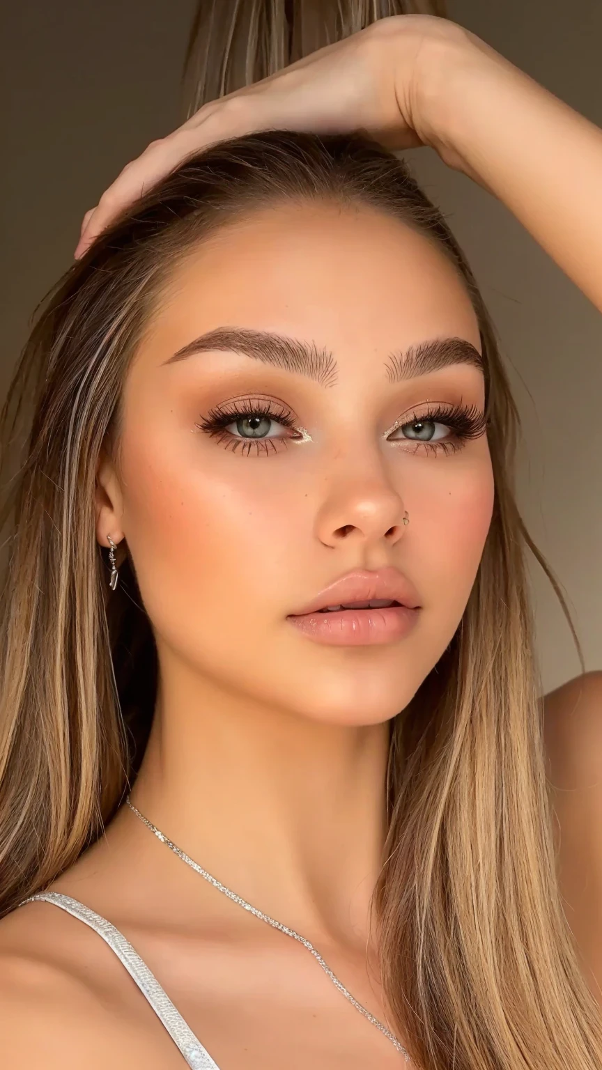 un primer plano de una mujer con cabello largo y un top blanco, Retrato de Sophie Mudd, thick bushy cejas rectas, big bold cejas gruesas, cejas grandes, cejas gruesas, cara sexy with full makeup, 18 years, cara extremadamente hermosa, Kailee Mandel, cara sexy, cara como ester exposito, natural cejas rectas, cejas rectas