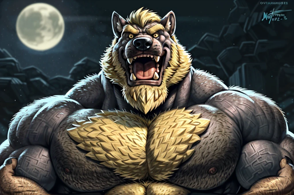 by nightterror, by dramamine, closeup portrait photo of strong, tough, hairy, heavyset, burly, rugged, manly older wolf strongman daddy,foot _ wolf , claws in five, lycanthrope, gray skin, gray fur, white yellow sclera, black pupils, (thick jaw), (broad chin), blonde hair, (big bushy blonde beard:1.3), boisterous, big laugh, big grin, (blonde chest hair:1.3), masterpiece, 4k, highly detailed, best quality, upshot, calzoncillo in sumo in dark 