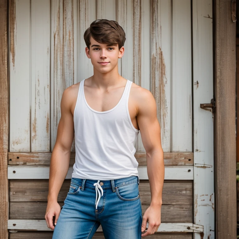 Young man in his twenty with medium length brown hair in a white tank top and jeans 