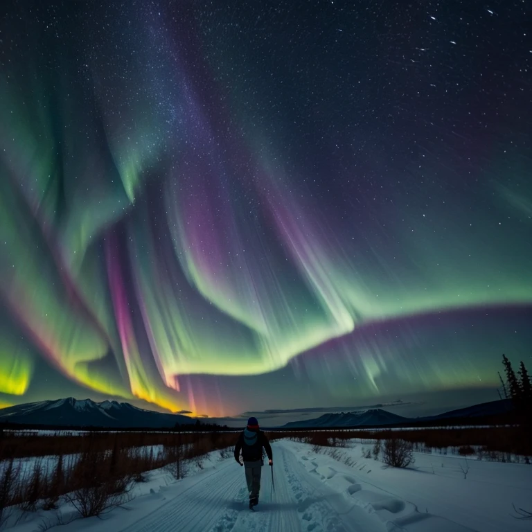 Oso caminando hacia la aurora boreal