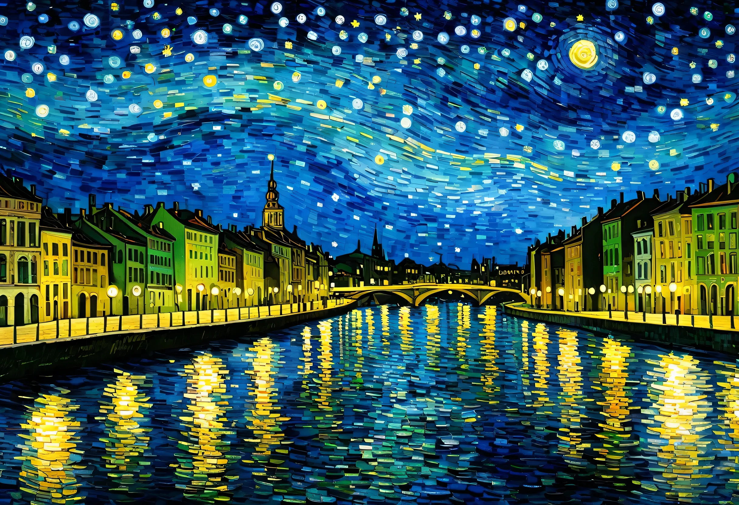 Painting of a city with a river and a starry sky, Van Gogh's Pointillism, Shutterstock, Post-Impressionism, Van Gogh's Artistic Style, in style of van gogh, Van Gogh Style, style of van gogh, vincent Van Gogh Style, Vincent van Gogh - Style of Van Gogh, Van Gogh paintings, Van Gogh and M. c. Escher