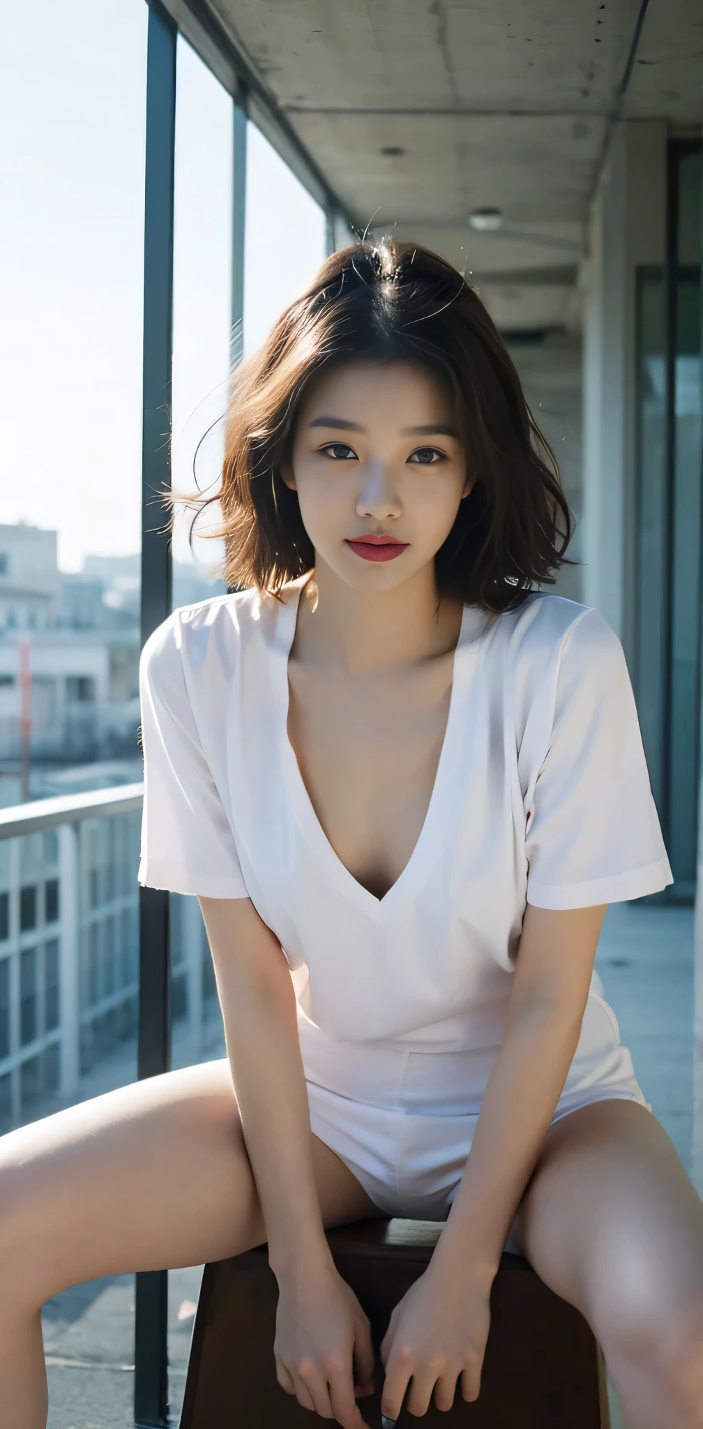 RAW photo, bokeh, (Lifelike face), smiled slightly, Top image quality, High resolution, best quality, 8k, HDR, (photorealistic:1.6), (1girl:1.4), S-shaped body, slim body, brown and curly and messy hair, very detailed face, beautiful eyes, [chubby], adorable, full body portrait, Close-up, sharp outline, romantic, fashion, uniform, culotte, spread your legs, sit (spread legs:1.3), can see underwear, delicate face, short brown hair fluttering in the wind, 24-year-old girl, slim figure, medium chest, sexy, plump breasts, sharp gaze at the viewer, badass looking, cool face, glamorous, standing tall.