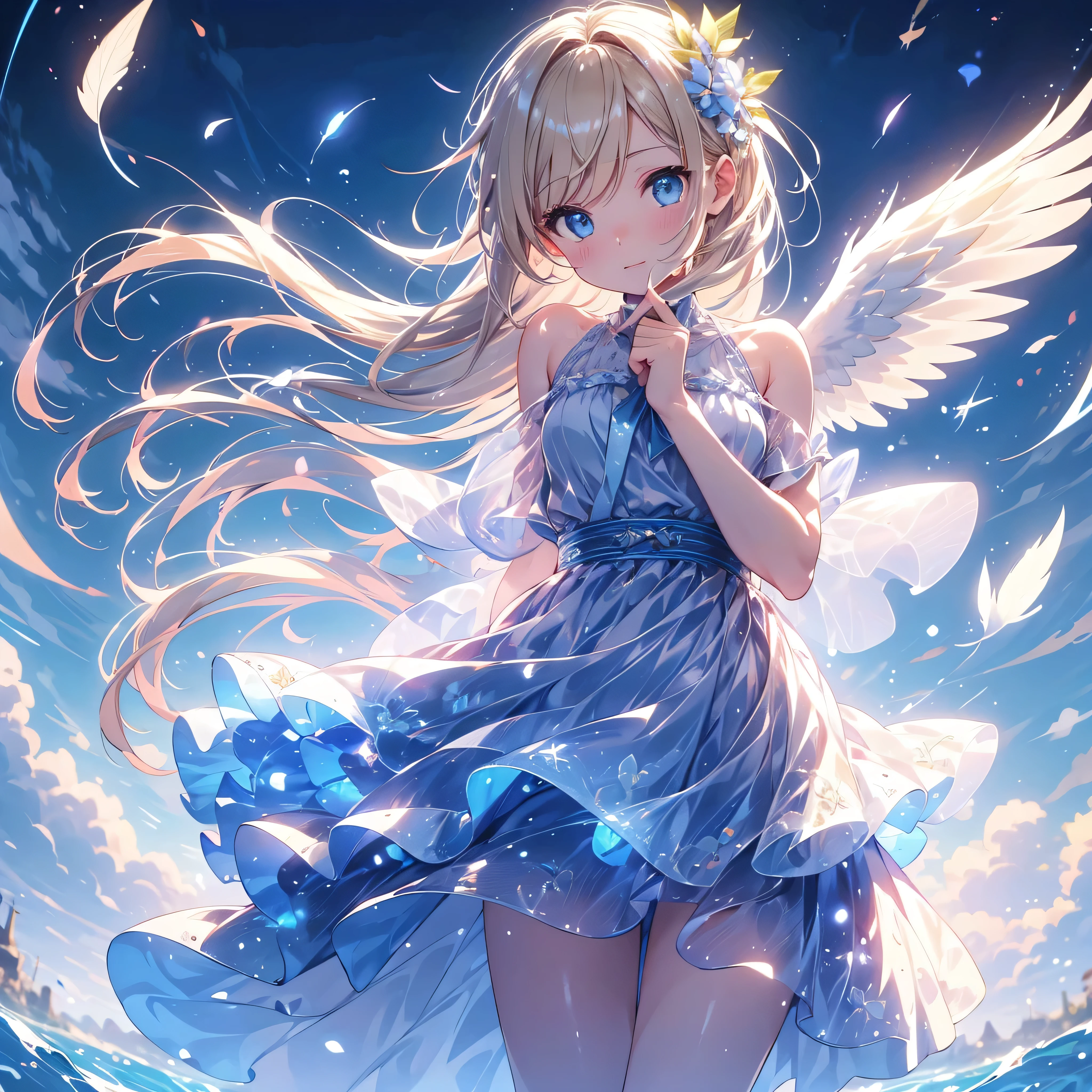 fterimage, bokeh, blurry foreground, wide shot, UHD, retina, masterpiece, high details, best quality, highres, 4K,god々In a cool atmosphere、A blonde angel descends from the sky、White feathers fluttering around、Angel wings spread out on my back、The background is blue sky