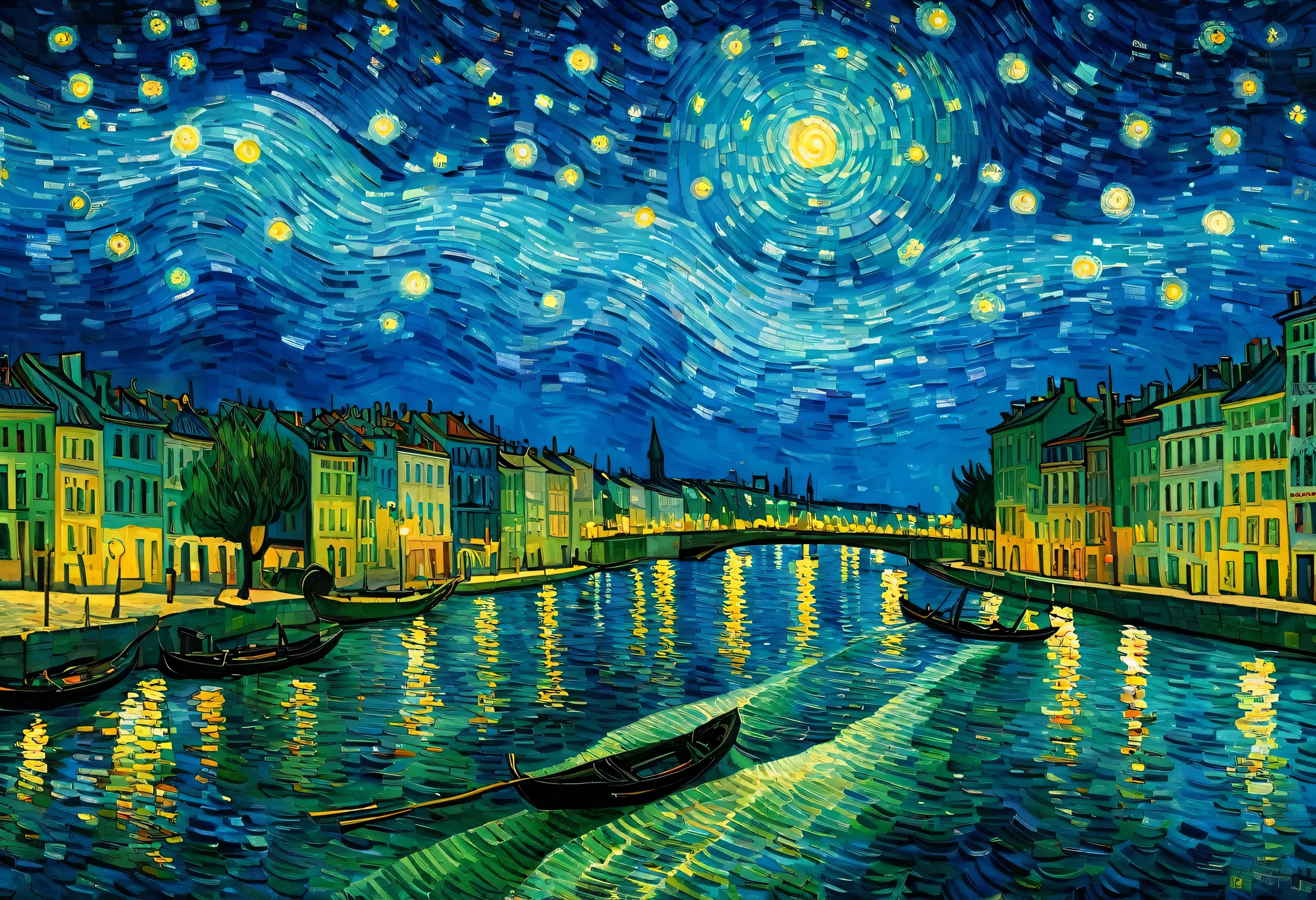 Painting of a city with a river and a starry sky, Van Gogh's Pointillism, Shutterstock, Post-Impressionism, Van Gogh's Artistic Style, in style of van gogh, Van Gogh Style, style of van gogh, vincent Van Gogh Style, Vincent van Gogh - Style of Van Gogh, Van Gogh paintings, Van Gogh and M. c. Escher