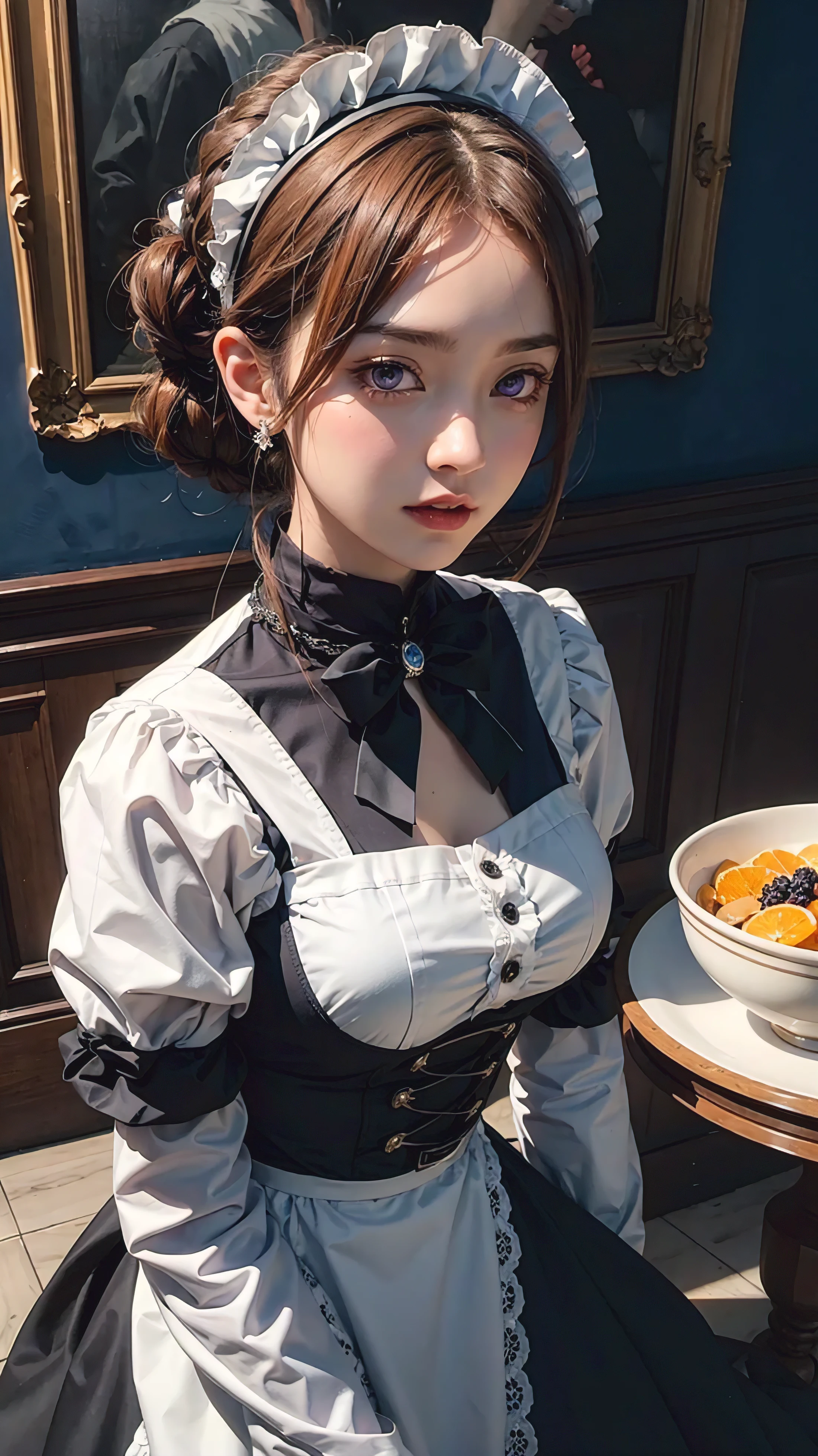 masterpiece, best quality, 1 Girl, Purple Eyes, Orange Hair,maid headdress, maid,