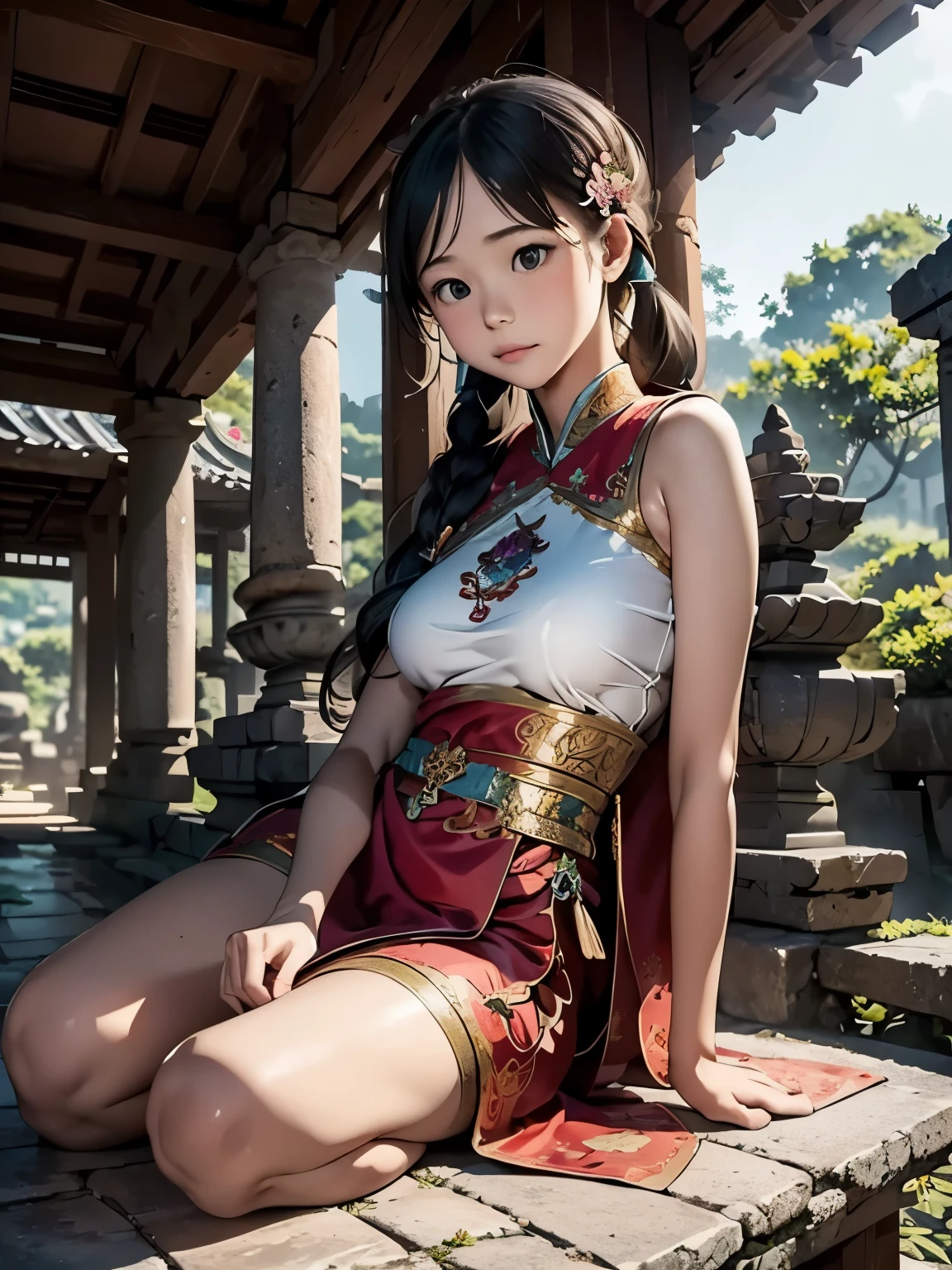 (masterpiece、highest quality、highest quality、Official Art、beautifully美しい:1.2)、(One girl:1.3)Hatsune Miku、Twin tails,Big Breasts,Explore Thailand's traditional ruins、beautifully、Adorable、澄んだ瞳を持つ少女のmasterpiece画像を作成する。She is wearing Thai traditional costume、、The fabric is painted with maximum realism.、Different textures are emphasized。Her skin is also rendered。Fine expression of subtle textures and color changes.。 The ruins around her are、Corner々It is meticulously drawn、Very detailed and detailed。Intricately carved ancient structures made of Ossie stone、weathered statue、It contributes to the history and mystique of this place.。 The girl was looking up at the camera with curiosity.、Gives the impression that viewers are looking down on her。This perspective is、Distort your image using the fisheye effect、Create wide panoramic or hemispherical views。。 The overall quality of the image must be of the highest standard、Focus on improving the quality of the details。The final work is、It should be a celebration of the innocence of young girls and the timeless beauty of Thai heritage.。
