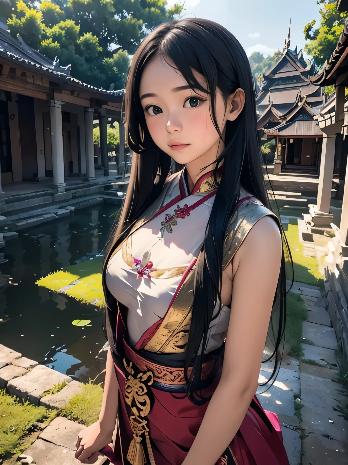 (masterpiece、highest quality、highest quality、Official Art、beautifully美しい:1.2)、(One girl:1.3)Hatsune Miku、Twin tails,Big Breasts,Explore Thailand's traditional ruins、beautifully、Adorable、澄んだ瞳を持つ少女のmasterpiece画像を作成する。She is wearing Thai traditional costume、、The fabric is painted with maximum realism.、Different textures are emphasized。Her skin is also rendered。Fine expression of subtle textures and color changes.。 The ruins around her are、Corner々It is meticulously drawn、Very detailed and detailed。Intricately carved ancient structures made of Ossie stone、weathered statue、It contributes to the history and mystique of this place.。 The girl was looking up at the camera with curiosity.、Gives the impression that viewers are looking down on her。This perspective is、Distort your image using the fisheye effect、Create wide panoramic or hemispherical views。。 The overall quality of the image must be of the highest standard、Focus on improving the quality of the details。The final work is、It should be a celebration of the innocence of young girls and the timeless beauty of Thai heritage.。
