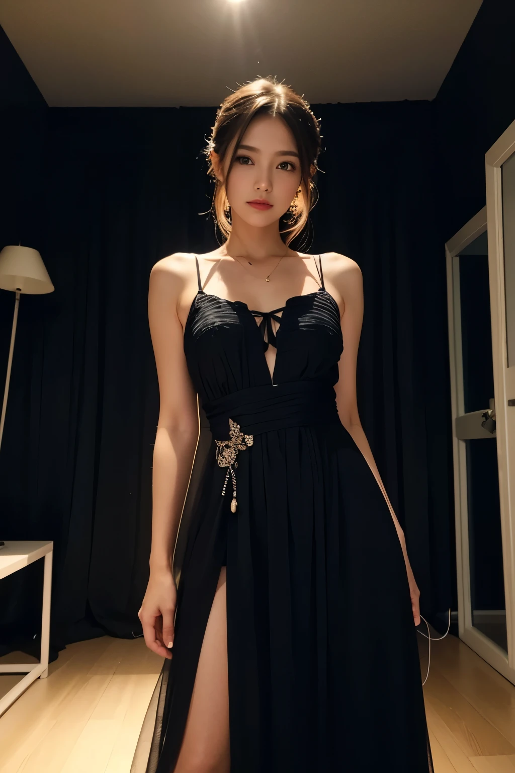 Model and background intact, Beautiful woman wearing a dress in a dark, narrow room, Background with colorful lights reflecting, model pose,
