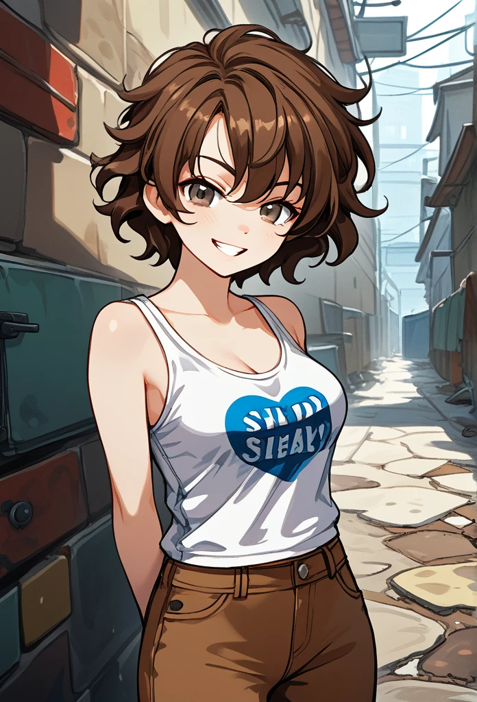 Tomboy girl, short hair, wavy hair, brown hair, cool face, glossy lips, hazel eyes, playful grin, flashy clothes, brown pants, arms behind back, medium breasts, looking at viewer, alley background