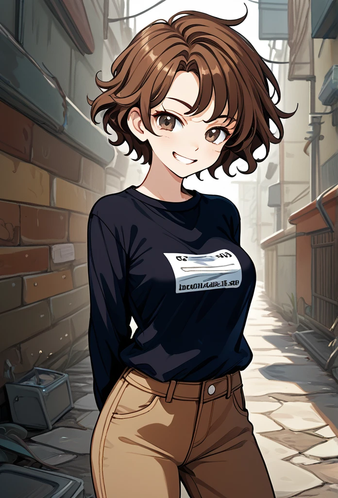 Tomboy girl, short hair, wavy hair, brown hair, cool face, glossy lips, hazel eyes, playful grin, flashy clothes, brown pants, arms behind back, medium breasts, looking at viewer, alley background