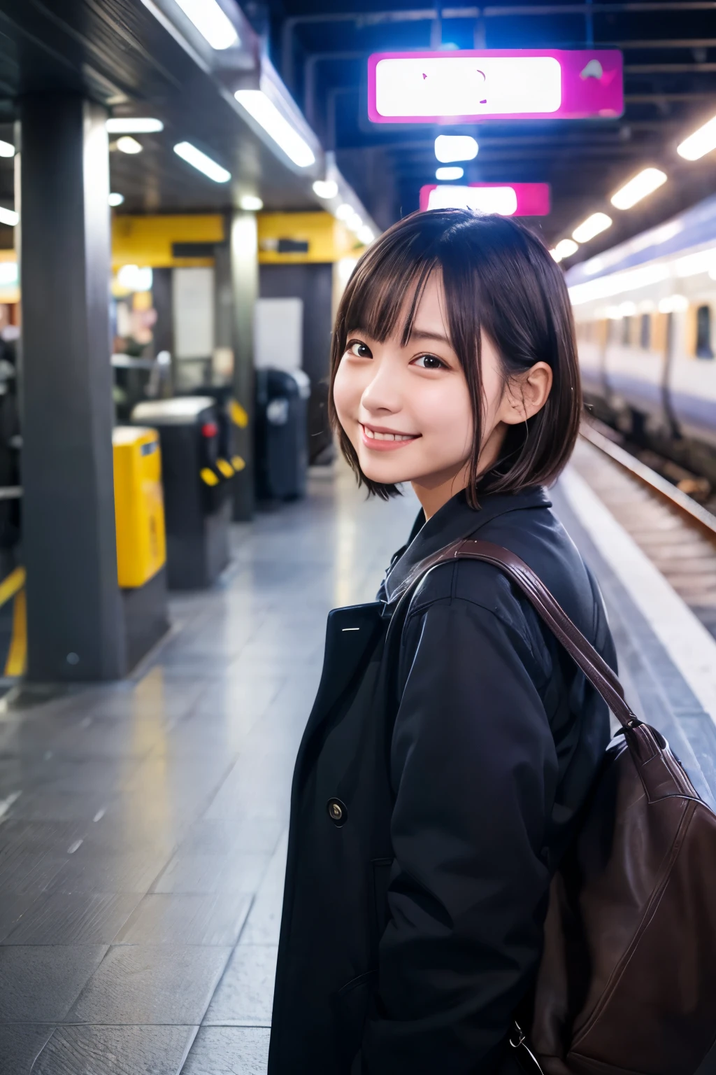 highest quality, masterpiece, Ultra-high resolution, (Reality: 1.4), Original photo, One girl, mature, happy smile, short hair, plump body, , Cinema Lighting, from below, A high school girl waiting for a train on the station platform