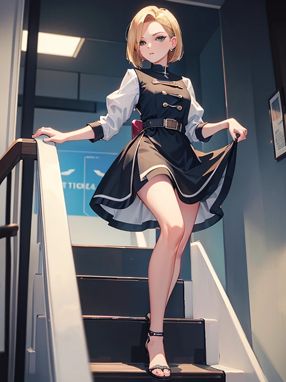 best quality, masterpiece, Ultra-high resolution,, Android 18,dress，Lift your feet