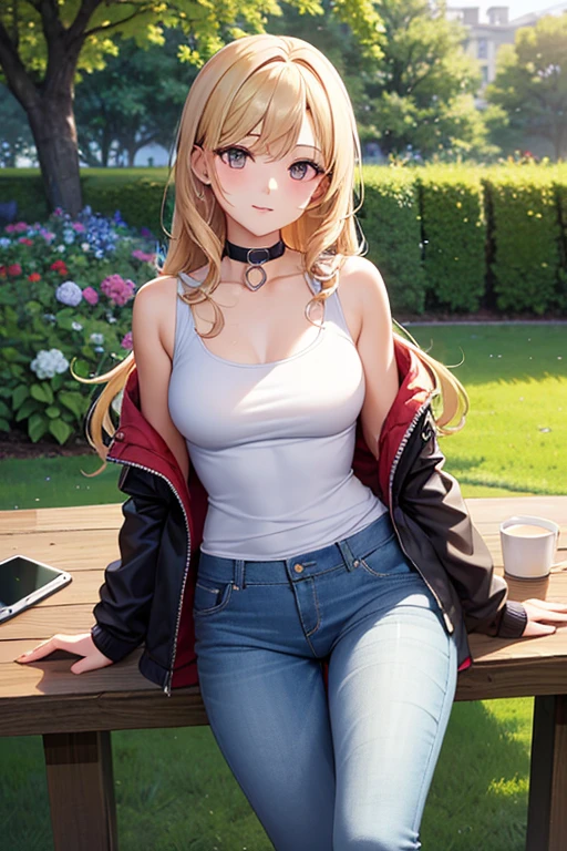 (best quality,4K,high resolution,masterpiece:1.2),Super detailed, Outdoor scene with 1girl, blonde hair, Long curly hair, gray eyes, and medium breasts. The girl in the white jacket, collar, tank top and jeans. The scene is set in a beautiful garden，flowers bloom，The grass is luxuriant. The sun casts a warm glow on the girl&#39;s face，Illuminates the surroundings. Bright colors，Rich texture, Create visually stunning images, (seduct smile), looking at the audience, big tits, gurke in hand