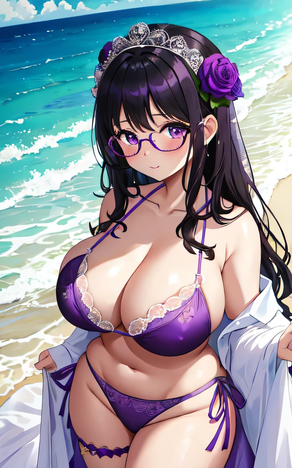 A 6-year-old girl with big breasts, plump body, round, dressed in a purple wedding dress, lace bikini, on the beach, wearing glasses, wearing a thin tulle