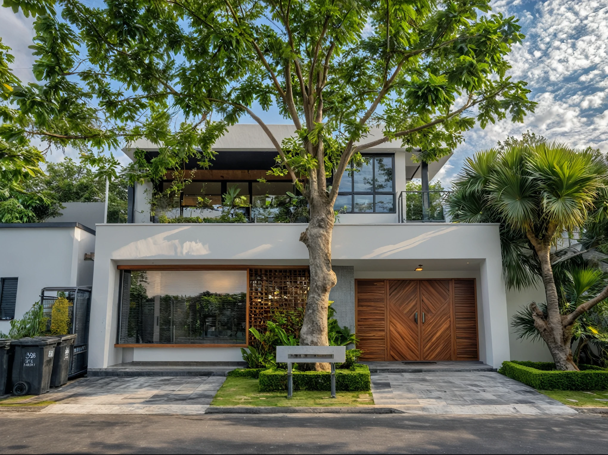 Masterpiece, high quality, best quality, authentic, super detail, outdoors, onestoreyvillaXL, aiaigroup, house style modern on the street ,stairs, white wall ,road,pavement, grass, trees, sky, cloud, (daylight:1.1)