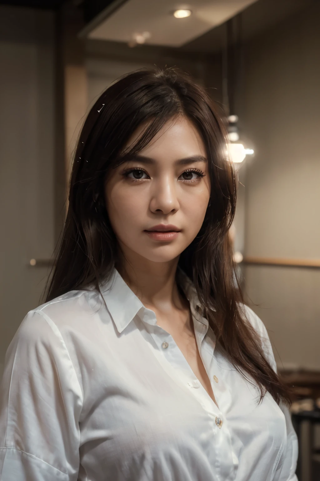 ((realistic lighting, best quality, 8K, masterpiece: 1.3)), Concentrate upon: 1.2, 1 woman, perfect look: ((dark brown hair)),, , Asian woman in suit, announcer, good eyes, double eyelid, Studio indoor beauty small face soft white shirt small face image bright appearance