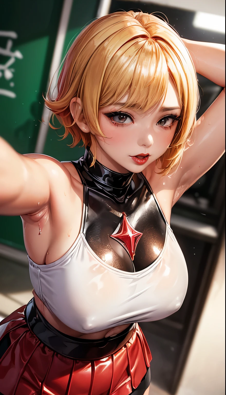 Thai Idol A MILF Big Breasts ((Bright red shiny lipstick)) Short blonde hair with bangs and wavy ((Blonde Shorthair)) ((Looking at the camera)) ((Super shiny enamel white and black striped shirt and enamel tight skirt)) Cyberpunk Classroom Duck mouth Glossy skin wet with sweat close up of face Teary-eyed ((Beautiful armpits)) Smokey makeup black mascara Sweaty, oily skin Armpit zoom showing Embarrassing