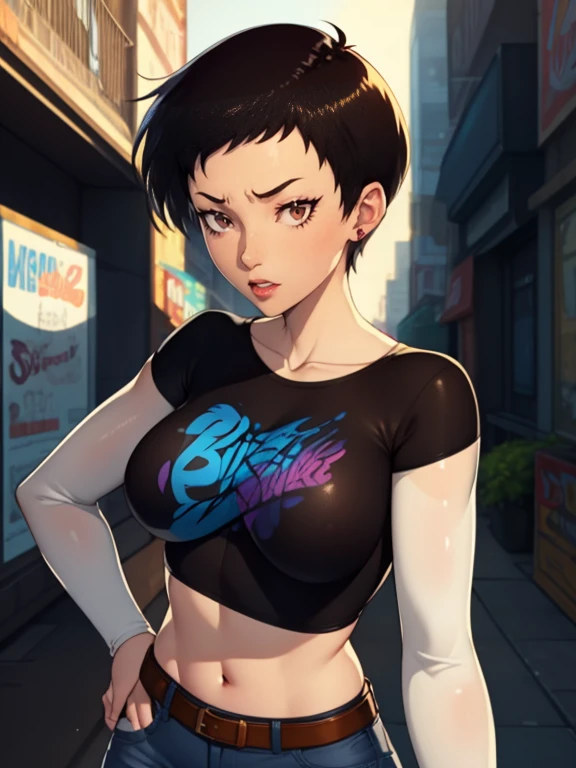 
1girl ,lois lane, tan ,short hair ,brown eyes, black hair, ,earrings, glossy lips ,solo, breasts, dark skin, black t-shirt, white shirt, blue jeans, belt, lipstick, large breasts, layered sleeves