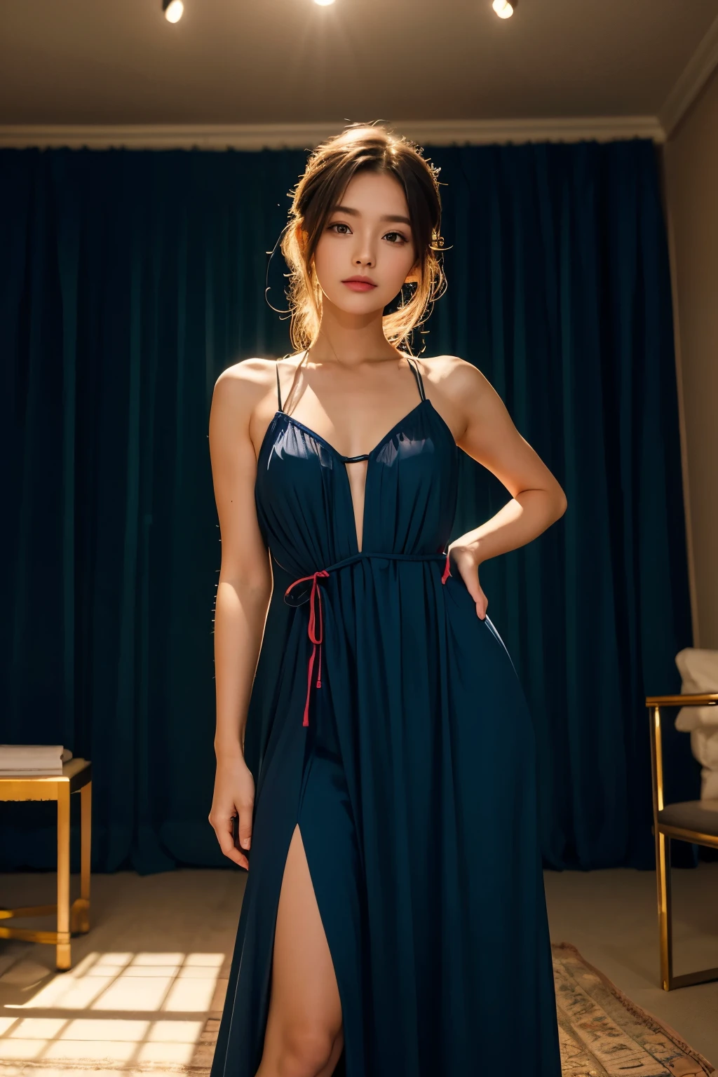 Model and background intact, Beautiful woman wearing a dress in a dark, narrow room, Background with colorful lights reflecting, model pose,