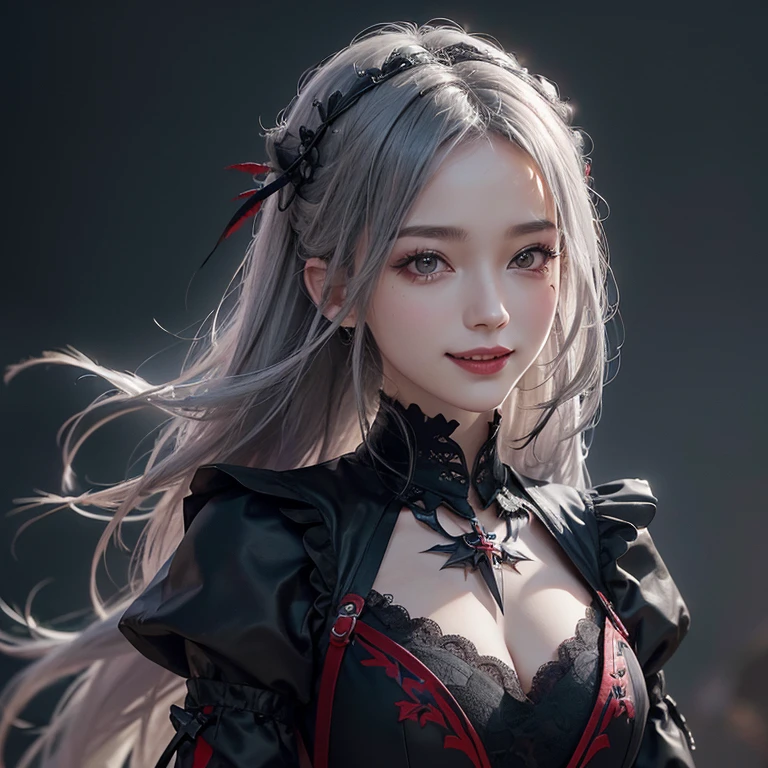 Dark fantasy,Windy weather, Real crows、 ((highest quality、masterpiece、8k、Best image quality、Ultra-high resolution、Award-winning works)、(Accurate anatomy:1.1)、(Look at me and smile:1.1)、Shining fair skin with Ultra-high resolution、The most detailed face、Ultra-high resolution detailed face、Short, flowing grey hair 、Beautiful face drawn in every detail、(Blurred Background:1.1)、 Red and black gothic punk fashion, Modest chest , 肩に乗ったReal crows