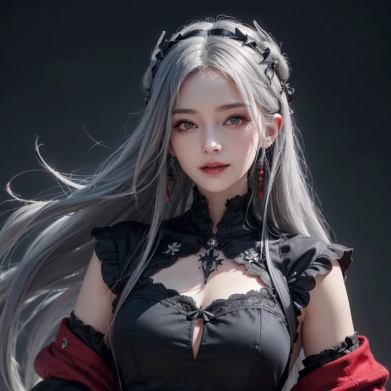 Dark fantasy,Windy weather, Real crows、 ((highest quality、masterpiece、8k、Best image quality、Ultra-high resolution、Award-winning works)、(Accurate ???????:1.1)、(Look at me and smile:1.1)、Shining fair skin with Ultra-high resolution、The most detailed face、Ultra-high resolution detailed face、Short, flowing grey hair 、Beautiful face drawn in every detail、(Blurred Background:1.1)、 Red and black gothic punk fashion, Modest chest , 肩に乗ったReal crows 
