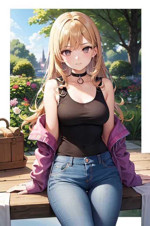 (best quality,4K,high resolution,masterpiece:1.2),Super detailed, Outdoor scene with 1girl, blonde hair, Long curly hair, gray eyes, and medium breasts. The girl in the white jacket, collar, tank top and jeans. The scene is set in a beautiful garden,flowers bloom,The grass is luxuriant. The sun casts a warm glow on the girl's face,Illuminates the surroundings. Bright colors,Rich texture, Create visually stunning images, (seduct smile), looking at the audience, big tits, gurke in hand, underwear