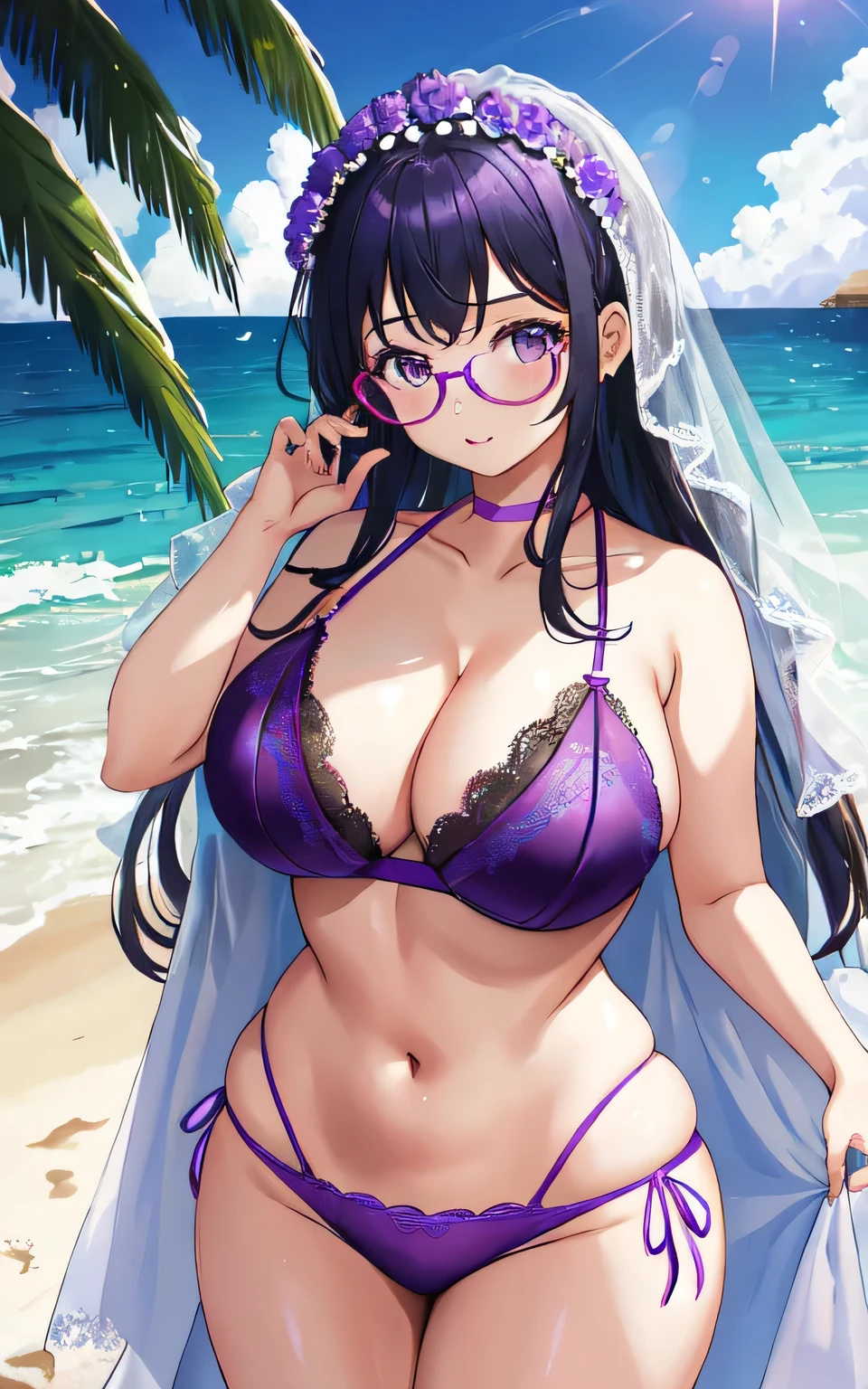 A with big breasts, plump body, round, dressed in a purple wedding dress, lace bikini, on the beach, wearing glasses, wearing a thin tulle