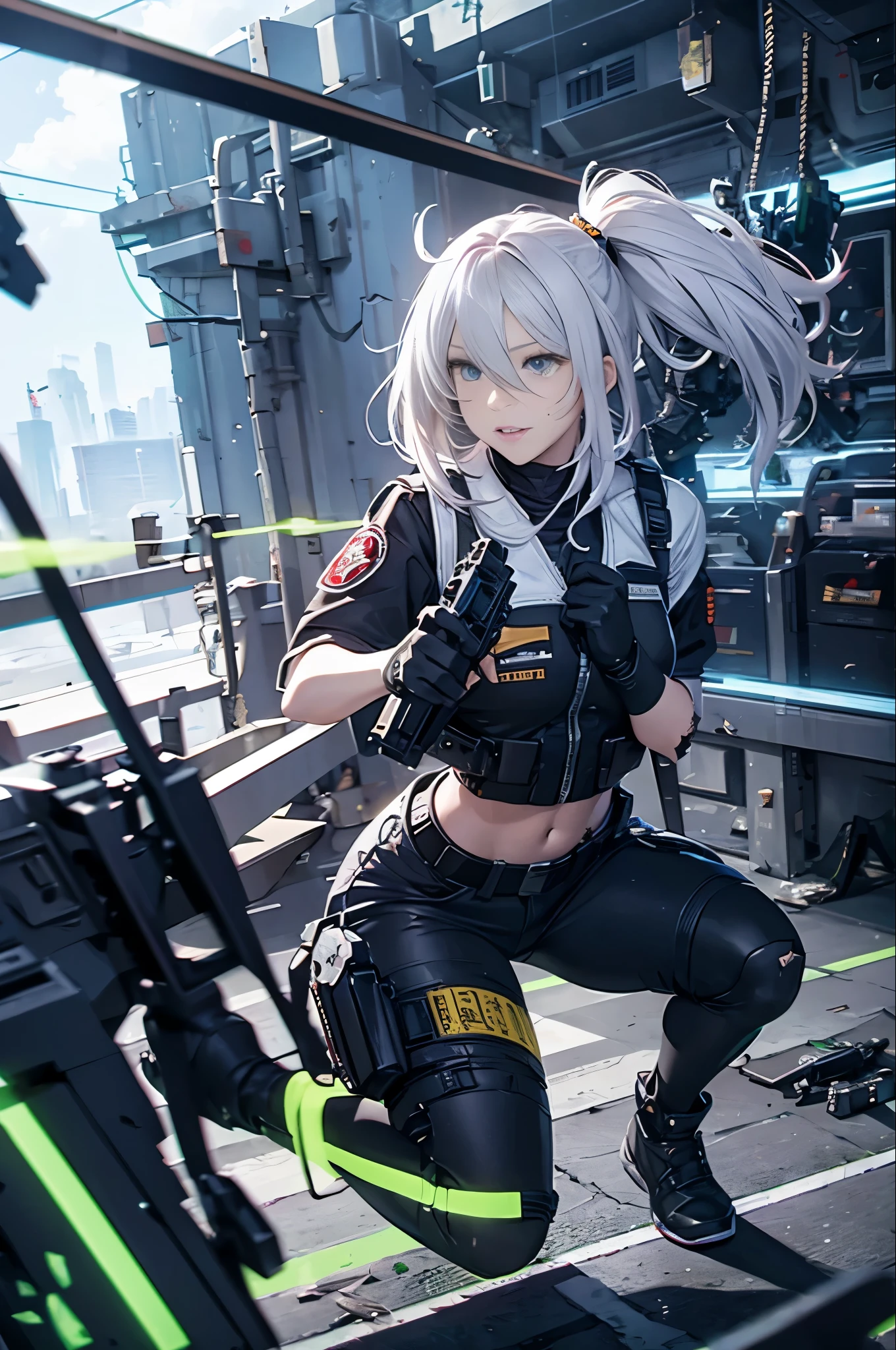 masterpiece, Nod, Goddess of victory character, (Battle Android Model), Female character android, (Wear it by jacking it with a strap, cargo pants, Military vest), (Have a weapon), Action pose, Battle Damage, (appear (Damaged:1.5) electricity (Android Parts:1.3)), (wallpaper, Screensavers)