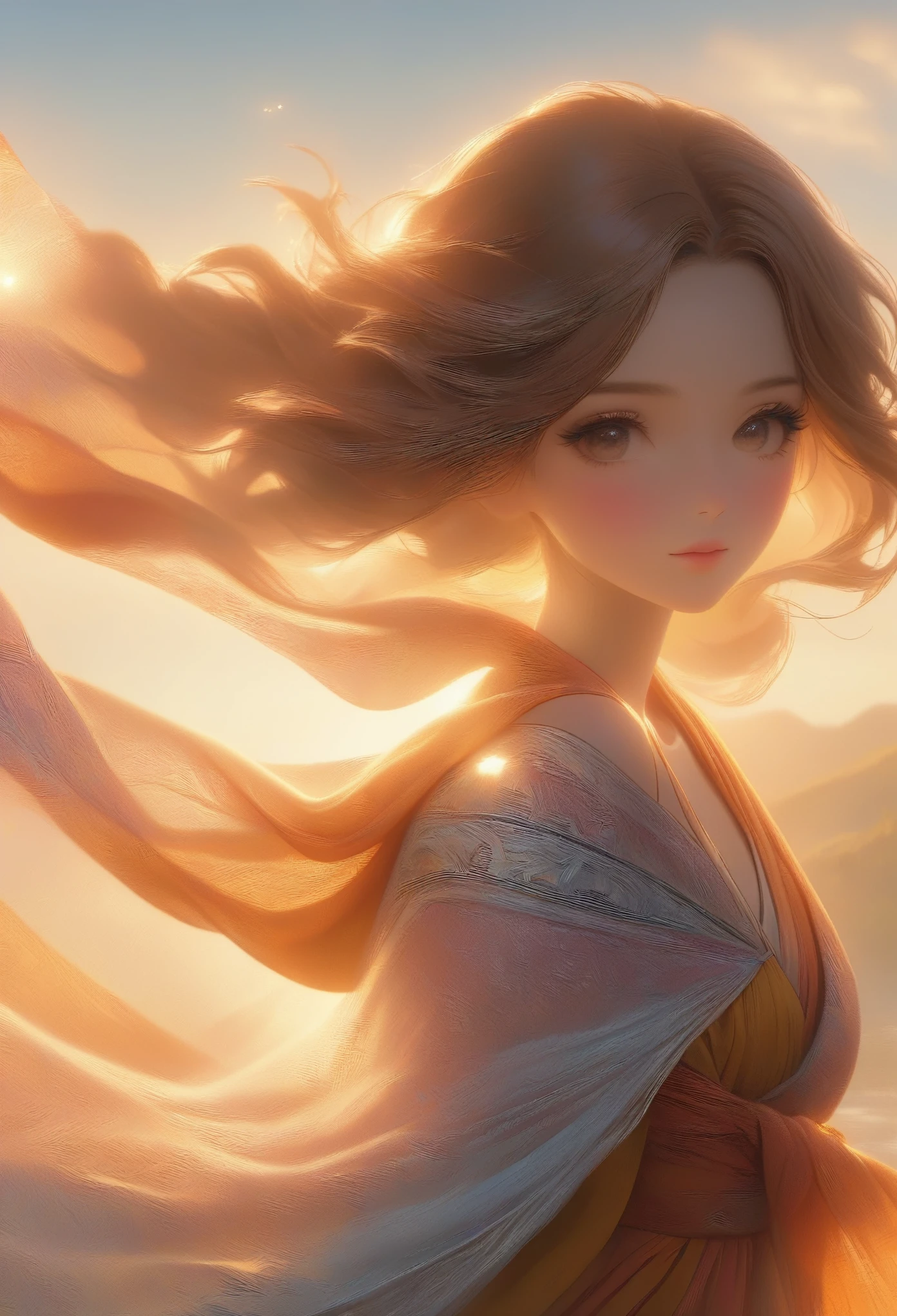 (best quality,4k,8k,highres,masterpiece:1.2),ultra-detailed,(realistic,photorealistic,photo-realistic:1.37),beautiful girl holding her shawl, flowing in the wind, a long shawl gracefully sweeps across the beautiful landscape