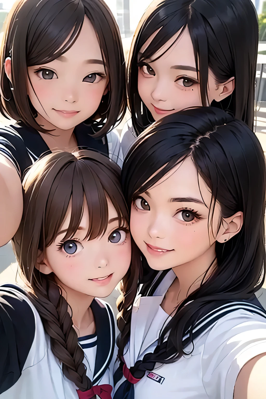 highest quality、High resolution、Detailed Background、(Beautiful face in every detail:1.4)、Anatomically correct、(Detailed facial expressions)、(Detailed eyes:1.2)、(Detailed eyes:1.2)、age beauty、(Highly detailed face:1.4)、Cute color hair color、Brown Hair、Black Hair、Braided Ponytail、Braided bob cut、well-groomed eyebrows、Dark colored sailor suit、White sailor collar、Checkered pleated skirt、White Stockings、In a joking manner、A big smile、Do cute things、School trip、You can also take photos with famous landmarks and symbols of your travel destinations.、Fit on one screen、
(Three beautiful girls taking a selfie with the world's most famous tourist spots in the background:1.5)