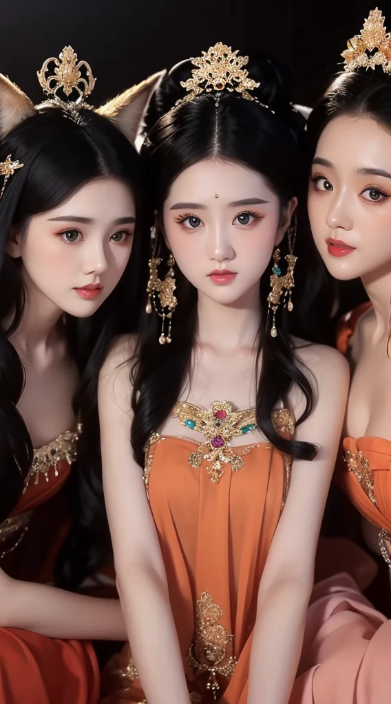 Create a portrait  of a ((three(3) friends ladies ))  ((BLACK)) ((with fox ears)) eyes on camera.with very seductive beauty like a ((goddess)) many golden hair accessories 