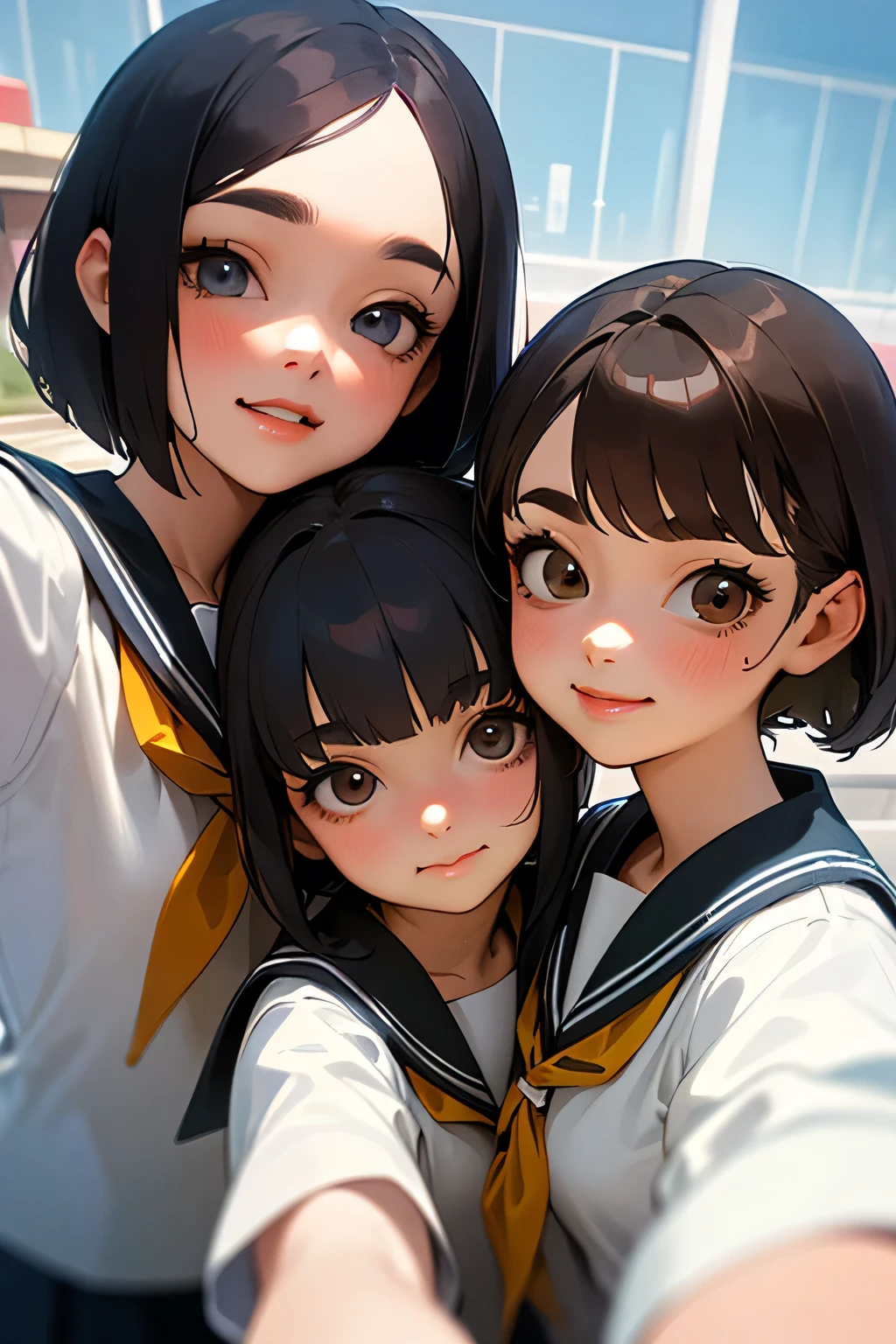 highest quality、High resolution、Detailed Background、(Beautiful face in every detail:1.4)、Anatomically correct、(Detailed facial expressions)、(Detailed eyes:1.2)、(Detailed eyes:1.2)、age beauty、(Highly detailed face:1.4)、Cute color hair color、Brown Hair、Black Hair、Braided Ponytail、Braided bob cut、well-groomed eyebrows、Dark colored sailor suit、White sailor collar、Checkered pleated skirt、White Stockings、In a joking manner、A big smile、Do cute things、School trip、You can also take photos with famous landmarks and symbols of your travel destinations.、Fit on one screen、

(Three beautiful girls taking a selfie with the world&#39;s most famous tourist spots in the background:1.5)
