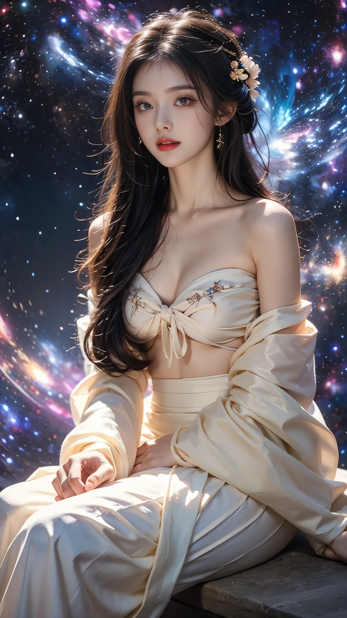 hanfu-song, hanfu, song theme, bandeau, tube top, ((Large breasts)),Bare shoulders, short hemlines, 4k ultra hd, masterpiece, a girl, good face, detailed eyes, detailed lips, flower fairy girl, neon lights, (galaxy background:1.5), in the heaven, sitting on the unicon