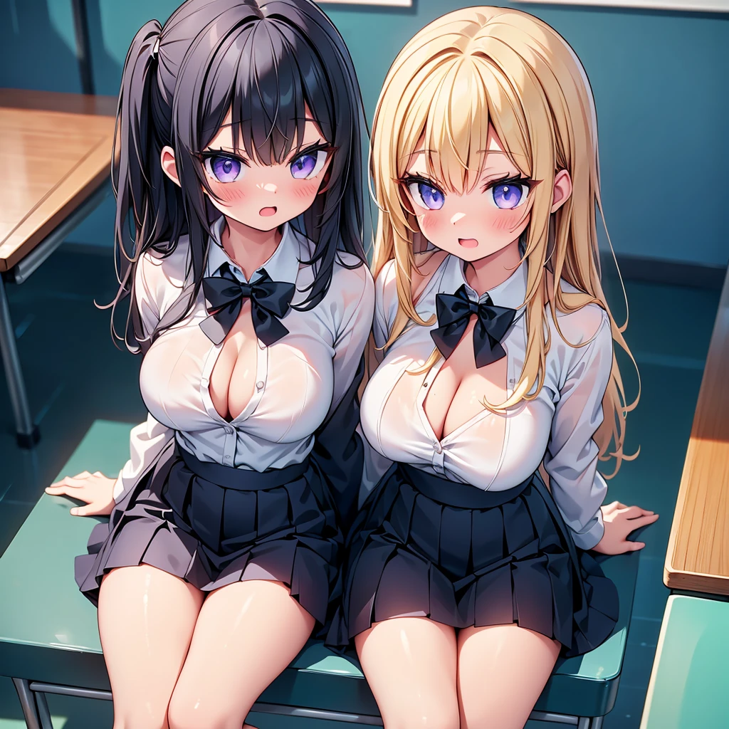 (cute eyes:1.2), (sparkling eyes:1.2), (8K、Best image quality、highest quality、masterpiece)、Detailed face、(2 girls)、Improve、(Black Hair, Purple Eyes, long hair)、(open mouth), (embarrassed), (skinny body:1.3),(medium breasts), ((White collared shirt)), ((Open shirt)), (cleavage), Sit on a chair, Classroom Background, (black stockings:1.1), (Thighs:1.1), (Waistline:1.1), (shot from behind)(from above:1.2)