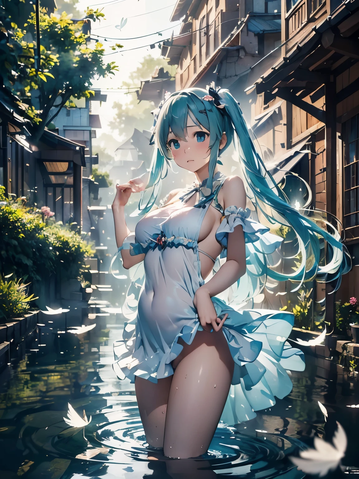 (masterpiece、highest quality、highest quality、Official Art、Beautiful and beautiful:1.2)、(One girl:1.3)Hatsune Miku、Twin tails,Big Breasts,Absurd, High resolution,, (One Girl, alone), Big eyes,, Townscape,, (water effects, Light effects, fluttering feathers:1.2),Chubby