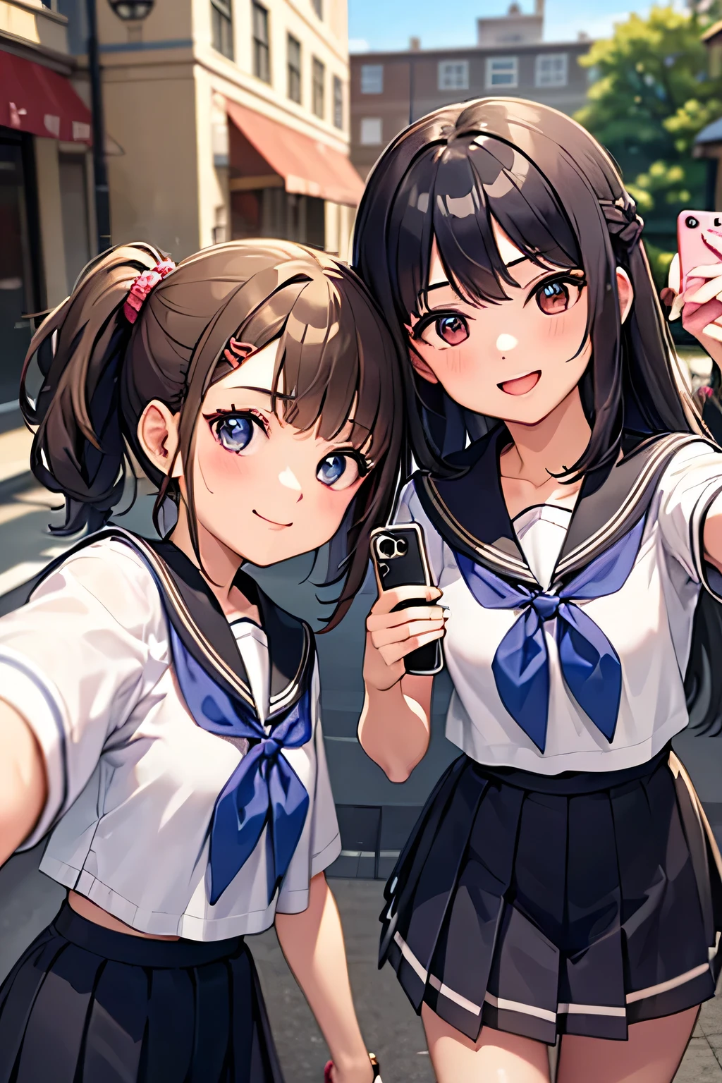 highest quality、High resolution、Detailed Background、(Beautiful face in every detail:1.4)、Anatomically correct、Teenage beauty、Cute color hair color、Braided Ponytail、Braided bob cut、well-groomed eyebrows、Dark colored sailor suit、White sailor collar、Pleated skirt、White Stockings、In a joking manner、A big smile、Do cute things、School trip、You can also take photos with famous landmarks and symbols of your travel destinations.、(Three beautiful girls taking a selfie with the world's most famous tourist spots in the background:1.5)