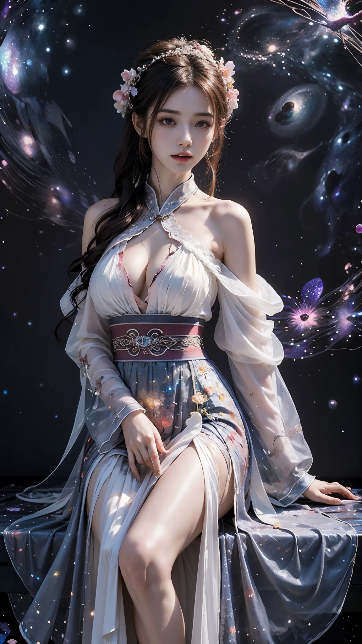hanfu, ((Large breasts)),Bare shoulders, short hemlines, 4k ultra hd, masterpiece, a girl, good face, detailed eyes, detailed lips, flower fairy girl, neon lights, (galaxy background:1.5), in the heaven, sitting on the unicon