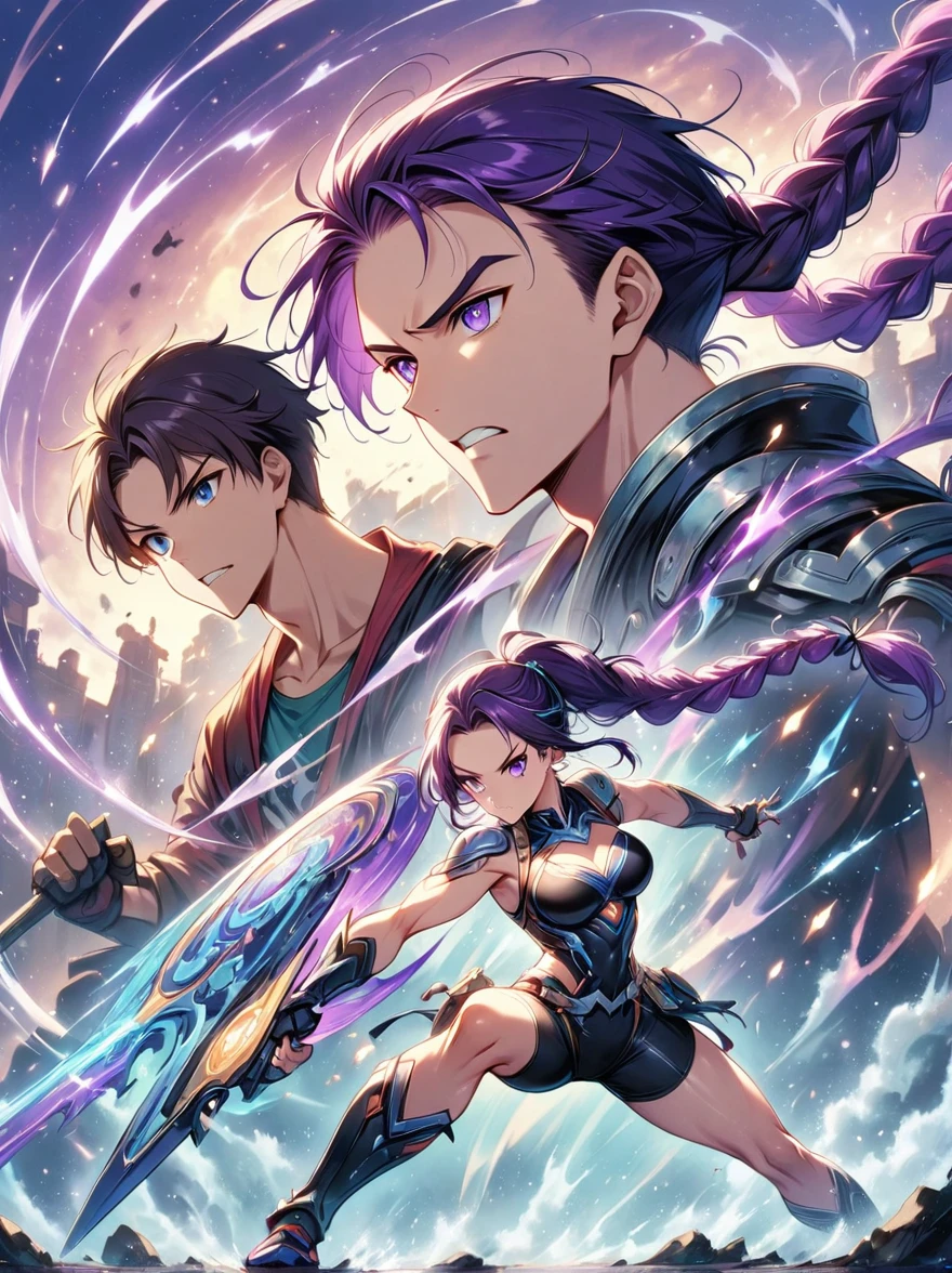 (1yj1)，(boy，Strong body:1.5)，(boy and girl fighting:1.9)，Anime Girl, (Purple and White Ombre Double Braid Long Ponytail:1.3), (A bunch of dark purple hair on the forehead, multicolored hair, (Dark purple eyes)，Cool, character, brave, White Mech SuitBREAK Black Mech Shorts, panoramic，whole body，The figure is in the center