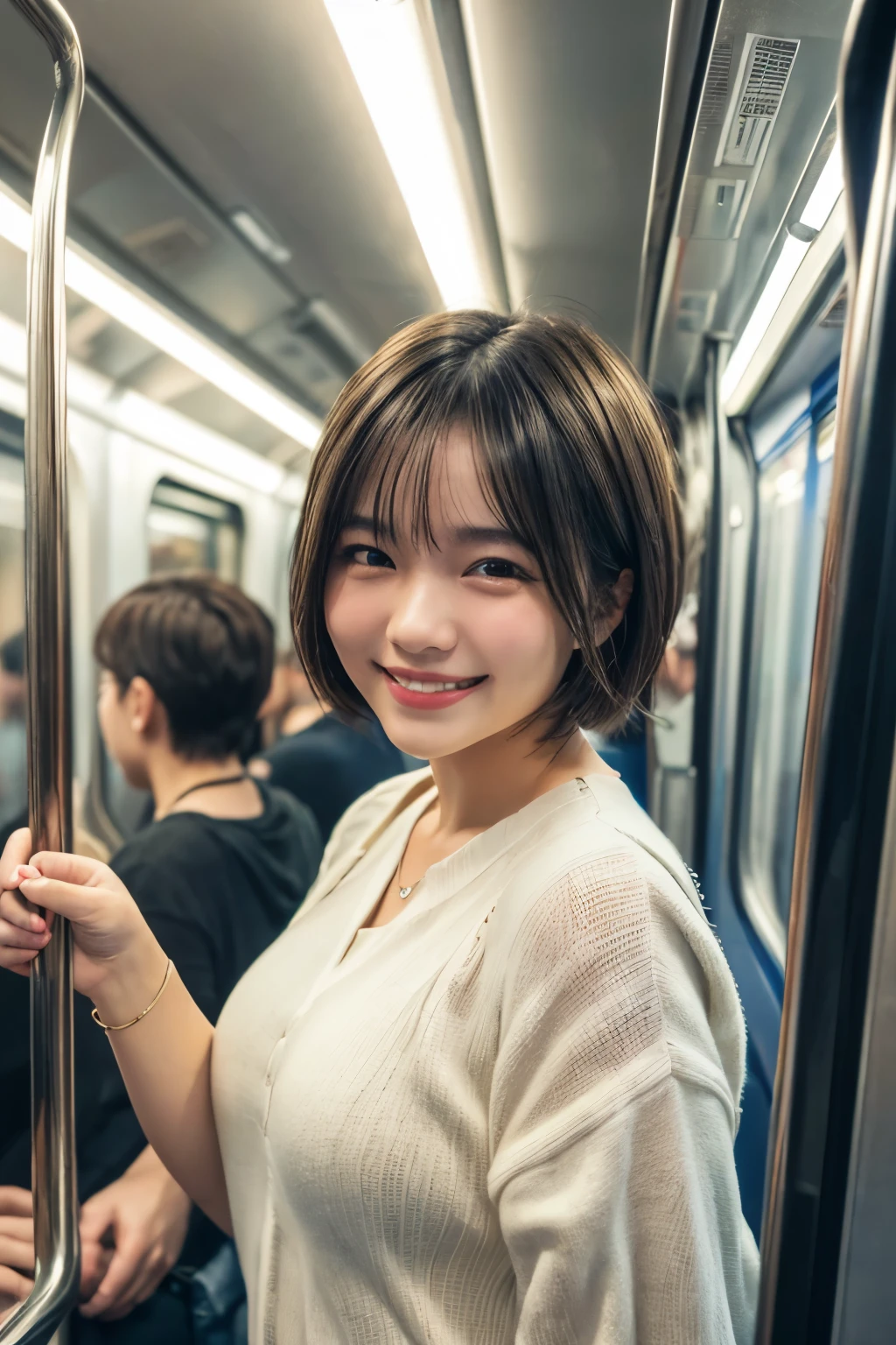highest quality, masterpiece, Ultra-high resolution, (Reality: 1.4), Original photo, One woman, mature, happy smile, short hair, plump body, , Cinema Lighting, from below, High school girl on a crowded train