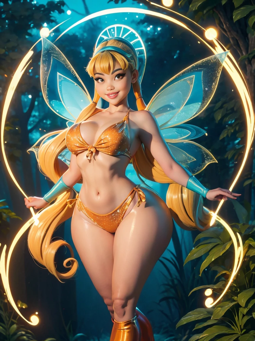 (fullbody) ,girl with thick thighs and a sexy smile, fairy bikini, and high heels. Fairy wings, magical forest, at night, magic in the air.