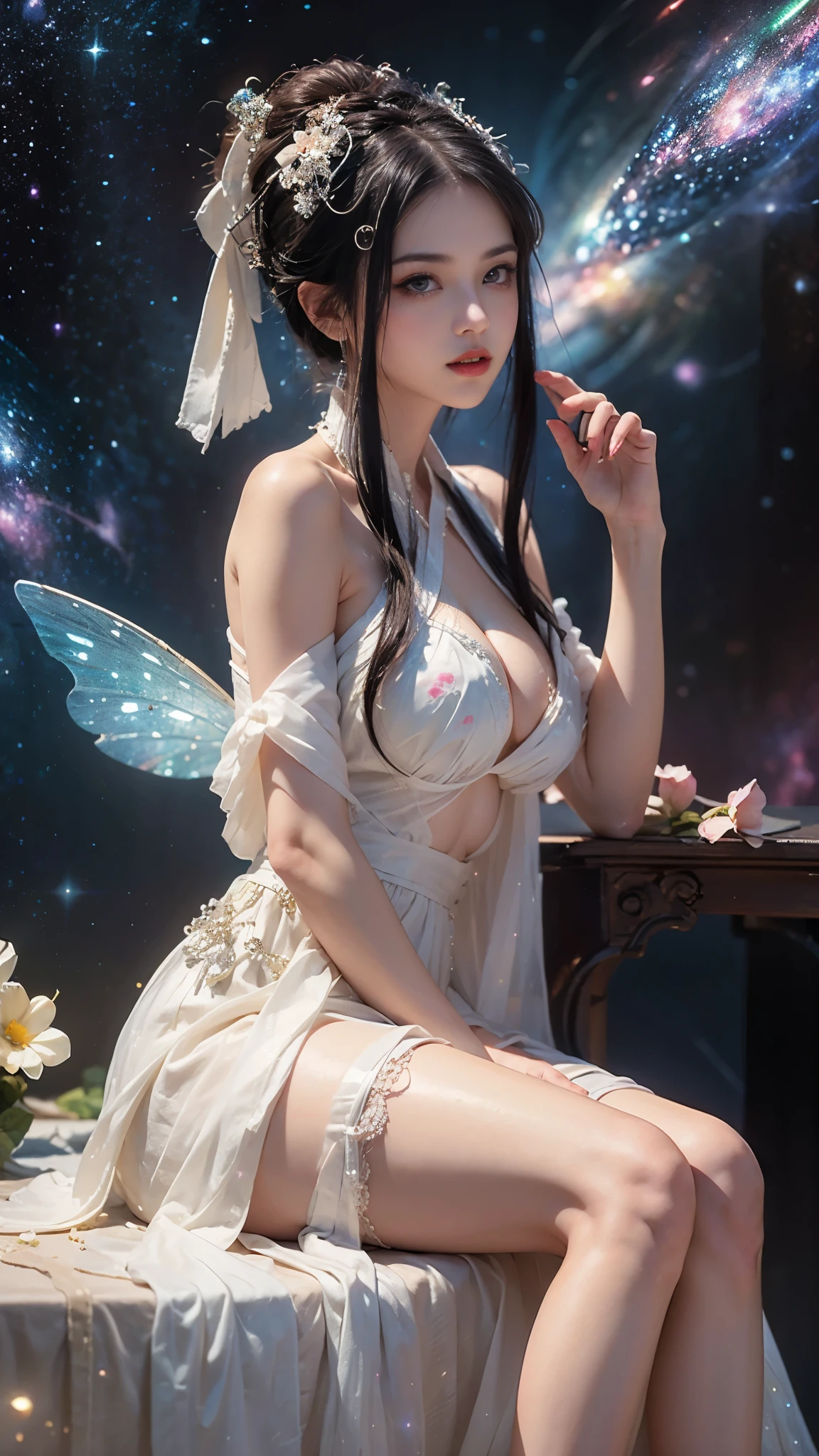 BAINV, ((Large breasts)),Bare shoulders, short hemlines, 4k ultra hd, masterpiece, a girl, good face, detailed eyes, detailed lips, flower fairy girl, neon lights, (galaxy background:1.5), in the heaven, sitting on the unicon