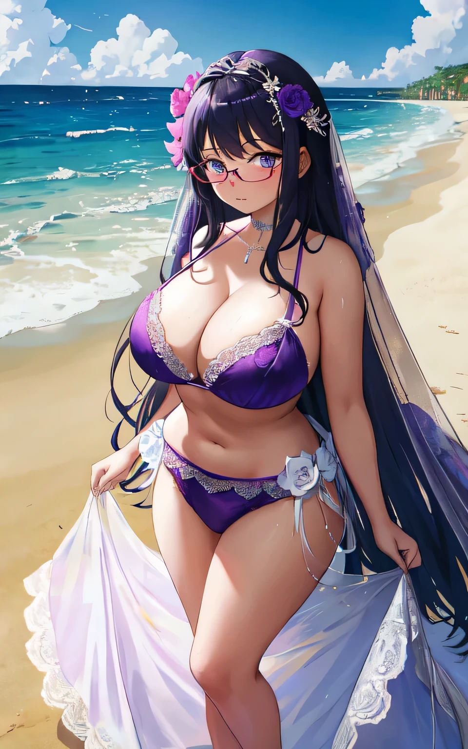 A 6--old l with big breasts, plump body, round, dressed in a purple wedding dress, lace bikini, on the beach, wearing glasses, wearing a thin tulle