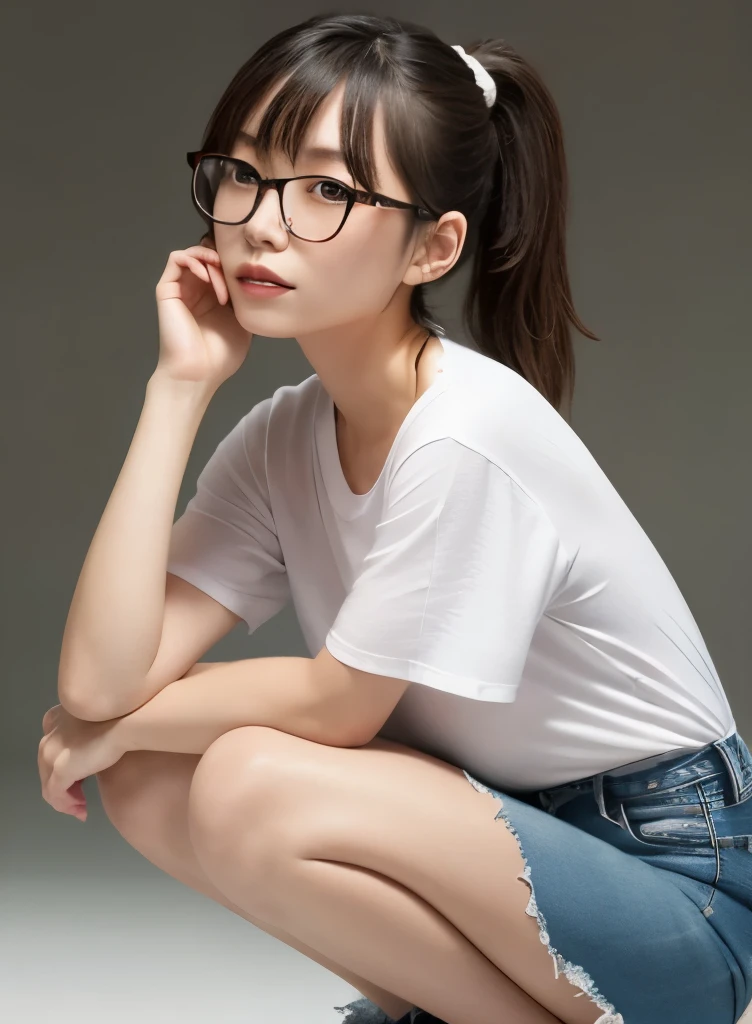 Japanese woman, 8k, masterpiece, highest quality, Super detailed, textured skin, 1girl, solo, squatting, short ponytail, red-framed glasses, denim skirt, white T-shirt, simple background,