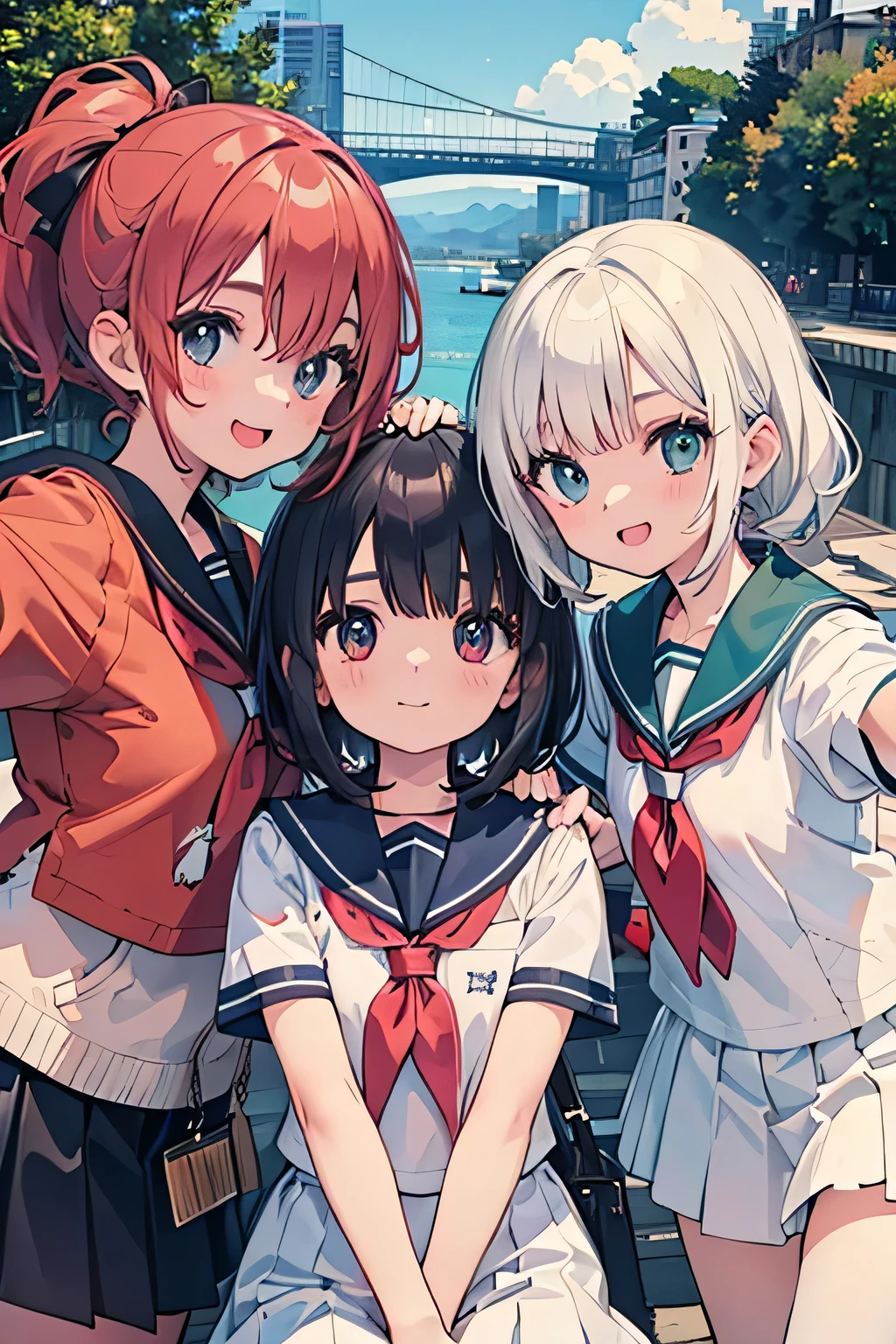 highest quality、High resolution、Detailed Background、(Beautiful face in every detail:1.4)、Anatomically correct、age beauty、Cute color hair color、Braided Ponytail、Braided bob cut、well-groomed eyebrows、Dark colored sailor suit、White sailor collar、Pleated skirt、White Stockings、In a joking manner、A big smile、Do cute things、School trip、You can also take photos with famous landmarks and symbols of your travel destinations.、(Three beautiful girls taking a selfie with the world&#39;s most famous tourist spots in the background:1.5)