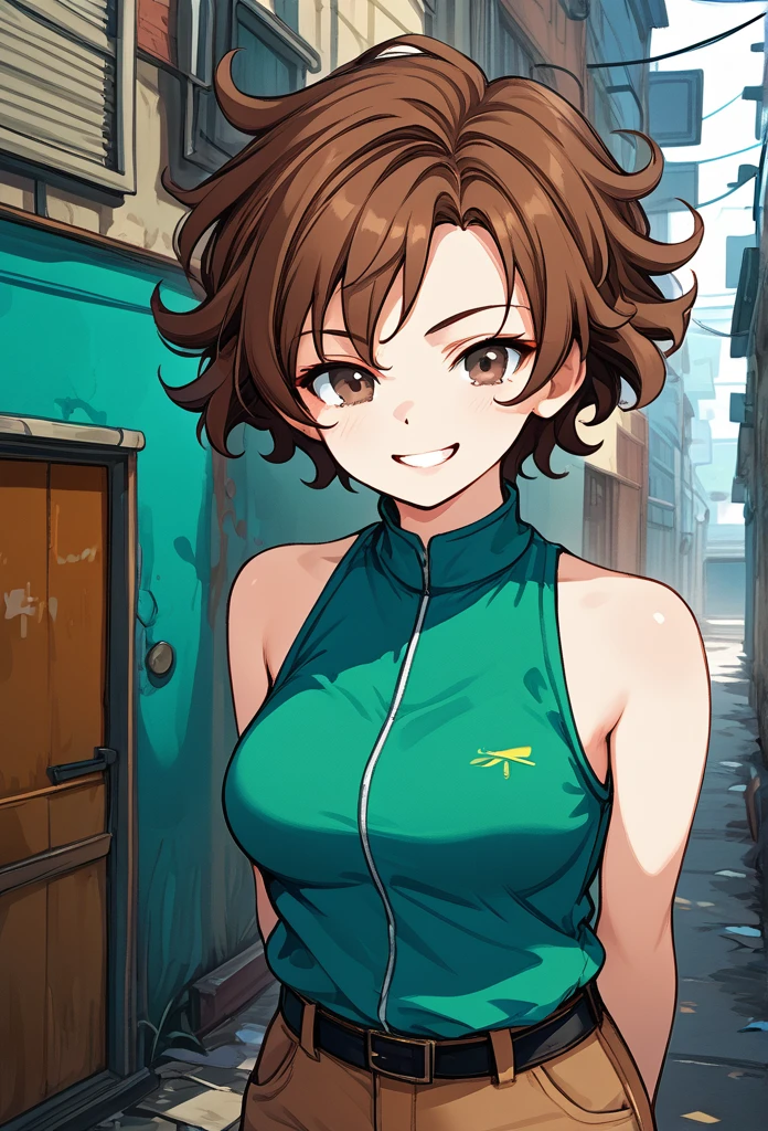 Tomboy girl, short hair, wavy hair, brown hair, cool face, glossy lips, hazel eyes, playful grin, sleeveless clothes, brown pants, arms behind back, medium breasts, looking at viewer, alley background