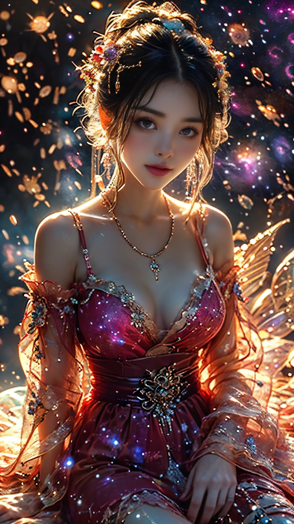 AncheReddressgirl, ((Large breasts)),Bare shoulders, short hemlines, 4k ultra hd, masterpiece, a girl, good face, detailed eyes, detailed lips, flower fairy girl, neon lights, (galaxy background:1.5), in the heaven, sitting on the unicon